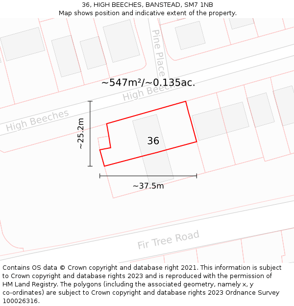 36, HIGH BEECHES, BANSTEAD, SM7 1NB: Plot and title map