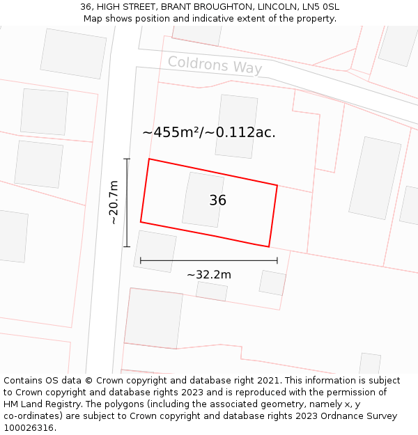 36, HIGH STREET, BRANT BROUGHTON, LINCOLN, LN5 0SL: Plot and title map