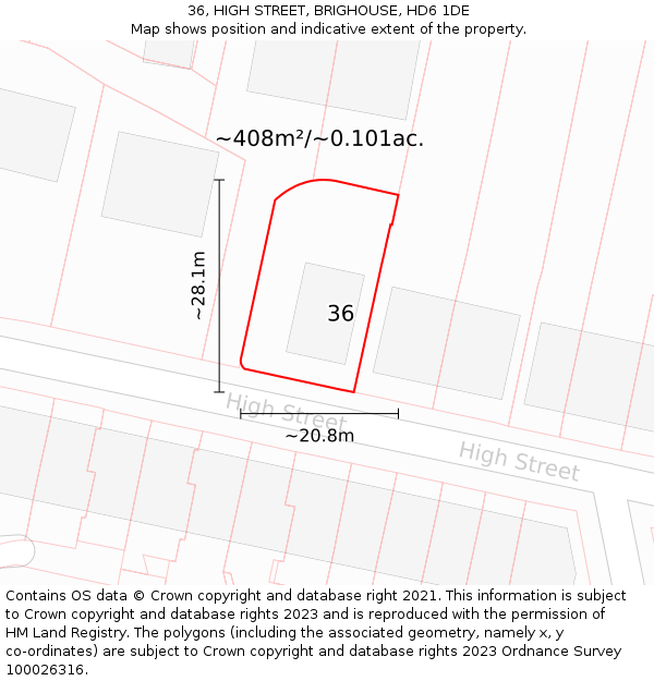 36, HIGH STREET, BRIGHOUSE, HD6 1DE: Plot and title map