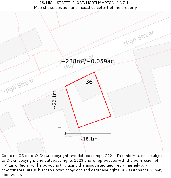 36, HIGH STREET, FLORE, NORTHAMPTON, NN7 4LL: Plot and title map