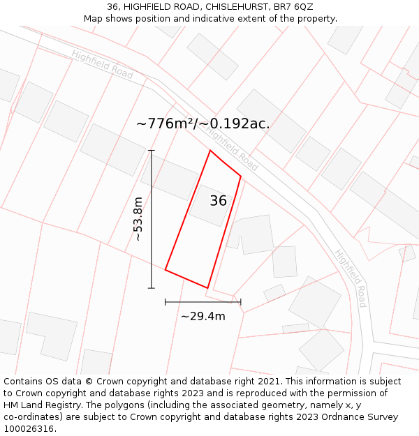 36, HIGHFIELD ROAD, CHISLEHURST, BR7 6QZ: Plot and title map