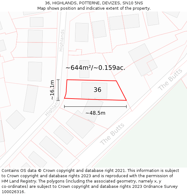 36, HIGHLANDS, POTTERNE, DEVIZES, SN10 5NS: Plot and title map