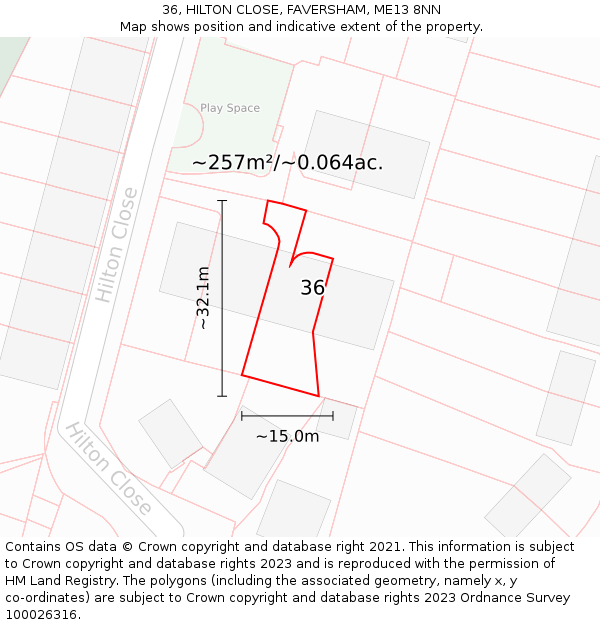 36, HILTON CLOSE, FAVERSHAM, ME13 8NN: Plot and title map