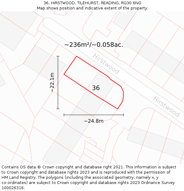 36, HIRSTWOOD, TILEHURST, READING, RG30 6NG: Plot and title map