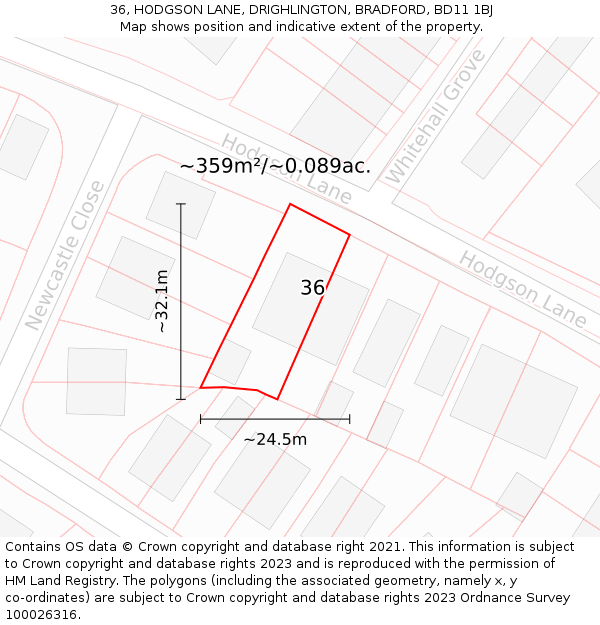 36, HODGSON LANE, DRIGHLINGTON, BRADFORD, BD11 1BJ: Plot and title map