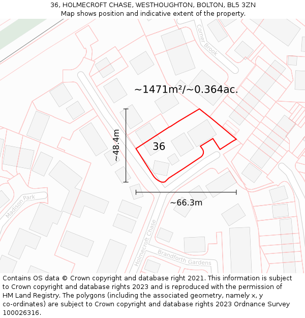 36, HOLMECROFT CHASE, WESTHOUGHTON, BOLTON, BL5 3ZN: Plot and title map