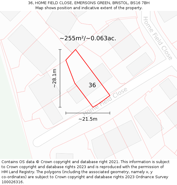 36, HOME FIELD CLOSE, EMERSONS GREEN, BRISTOL, BS16 7BH: Plot and title map