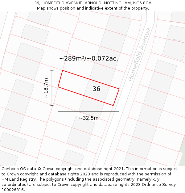 36, HOMEFIELD AVENUE, ARNOLD, NOTTINGHAM, NG5 8GA: Plot and title map