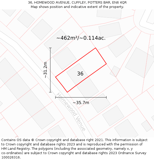 36, HOMEWOOD AVENUE, CUFFLEY, POTTERS BAR, EN6 4QR: Plot and title map