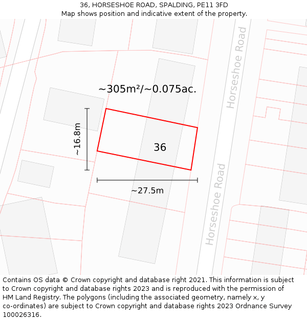 36, HORSESHOE ROAD, SPALDING, PE11 3FD: Plot and title map