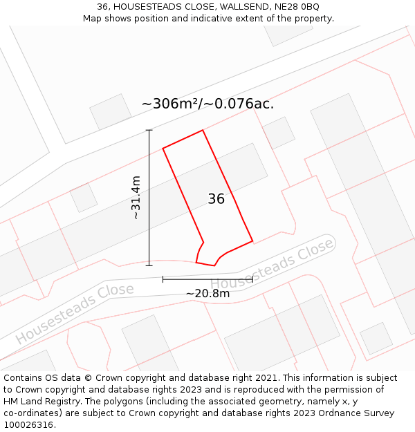 36, HOUSESTEADS CLOSE, WALLSEND, NE28 0BQ: Plot and title map