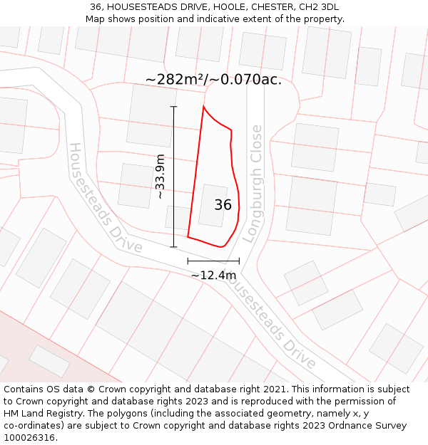 36, HOUSESTEADS DRIVE, HOOLE, CHESTER, CH2 3DL: Plot and title map