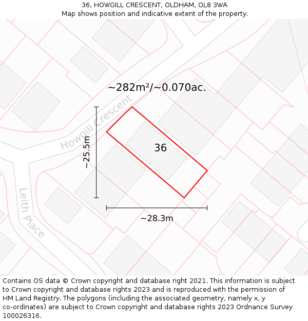 36, HOWGILL CRESCENT, OLDHAM, OL8 3WA: Plot and title map