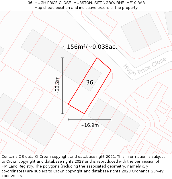36, HUGH PRICE CLOSE, MURSTON, SITTINGBOURNE, ME10 3AR: Plot and title map