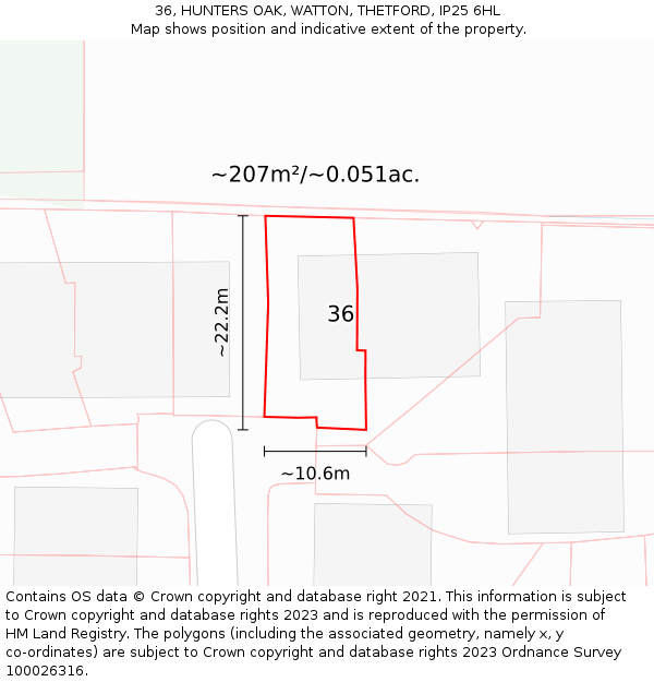 36, HUNTERS OAK, WATTON, THETFORD, IP25 6HL: Plot and title map