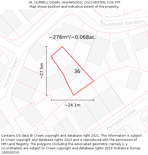 36, HURRELL DOWN, HIGHWOODS, COLCHESTER, CO4 9TP: Plot and title map