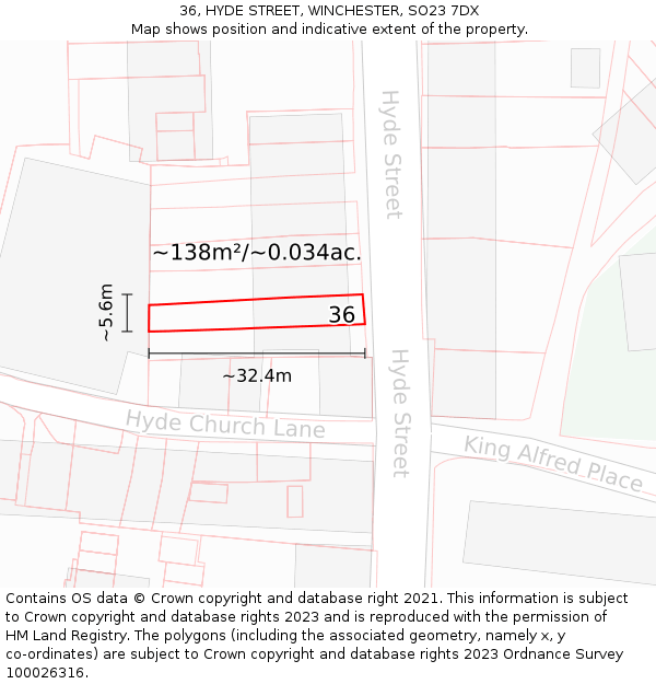 36, HYDE STREET, WINCHESTER, SO23 7DX: Plot and title map