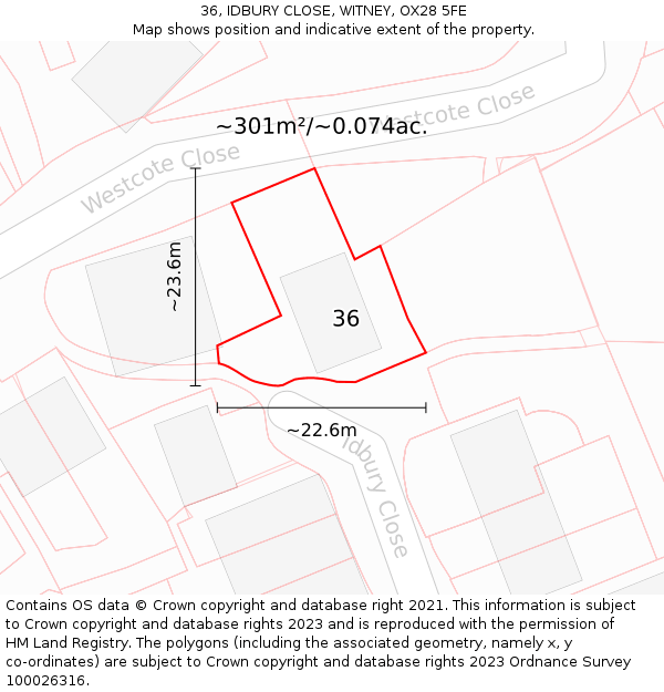 36, IDBURY CLOSE, WITNEY, OX28 5FE: Plot and title map