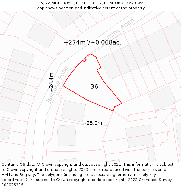 36, JASMINE ROAD, RUSH GREEN, ROMFORD, RM7 0WZ: Plot and title map