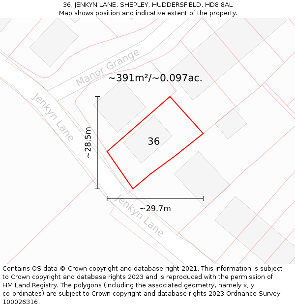 36, JENKYN LANE, SHEPLEY, HUDDERSFIELD, HD8 8AL: Plot and title map