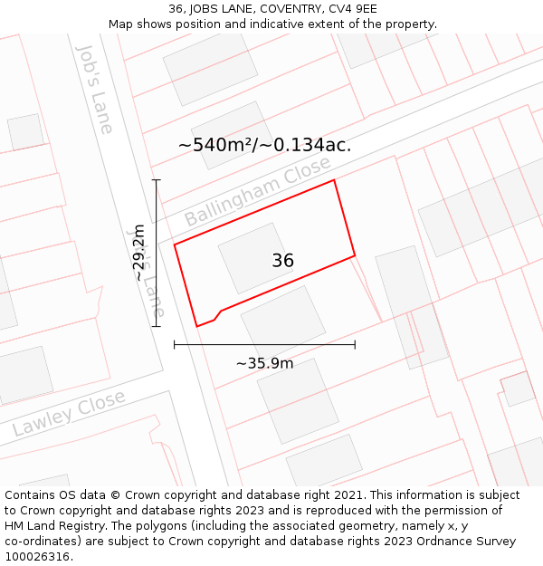 36, JOBS LANE, COVENTRY, CV4 9EE: Plot and title map