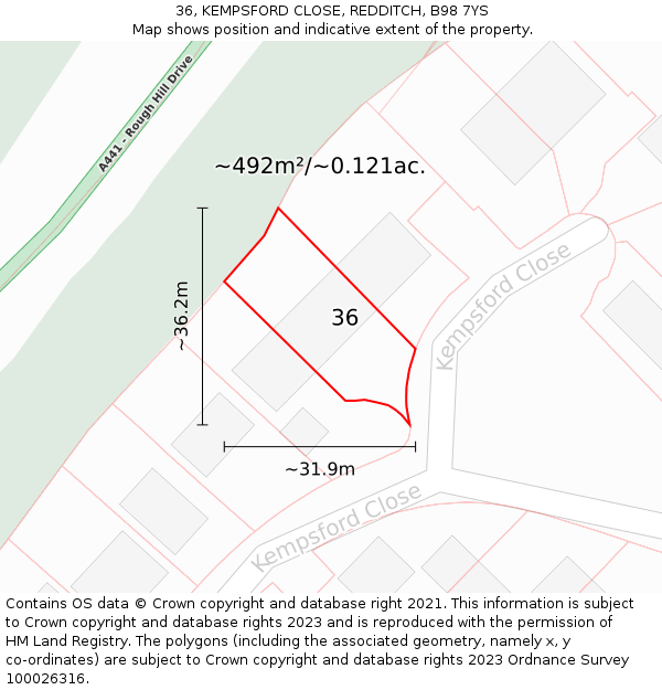 36, KEMPSFORD CLOSE, REDDITCH, B98 7YS: Plot and title map