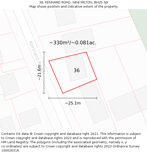 36, KENNARD ROAD, NEW MILTON, BH25 5JX: Plot and title map