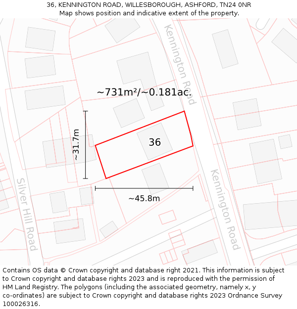 36, KENNINGTON ROAD, WILLESBOROUGH, ASHFORD, TN24 0NR: Plot and title map