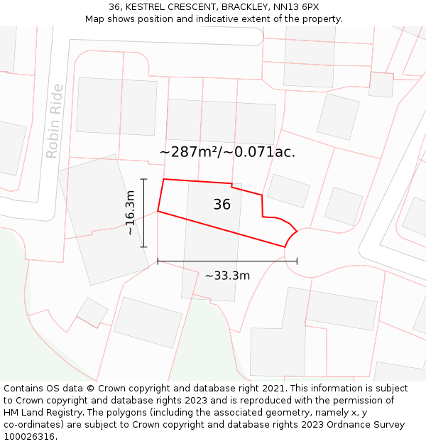 36, KESTREL CRESCENT, BRACKLEY, NN13 6PX: Plot and title map