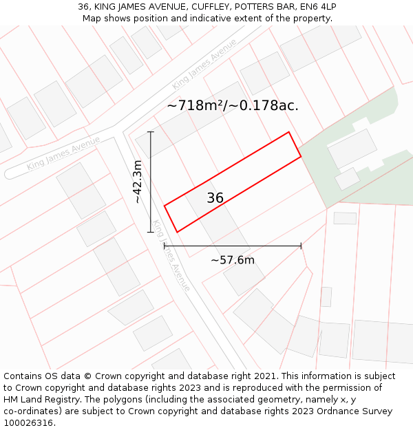 36, KING JAMES AVENUE, CUFFLEY, POTTERS BAR, EN6 4LP: Plot and title map