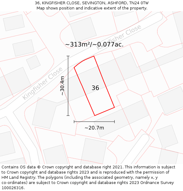 36, KINGFISHER CLOSE, SEVINGTON, ASHFORD, TN24 0TW: Plot and title map