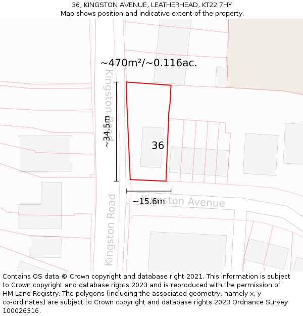 36, KINGSTON AVENUE, LEATHERHEAD, KT22 7HY: Plot and title map