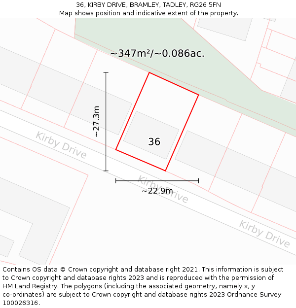 36, KIRBY DRIVE, BRAMLEY, TADLEY, RG26 5FN: Plot and title map