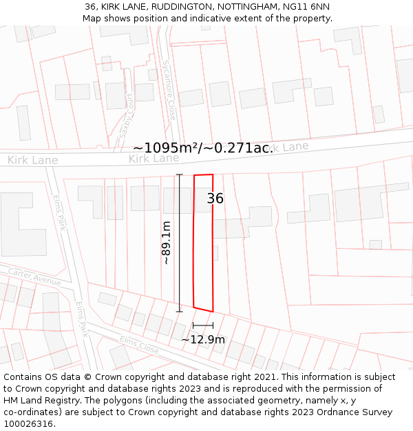 36, KIRK LANE, RUDDINGTON, NOTTINGHAM, NG11 6NN: Plot and title map