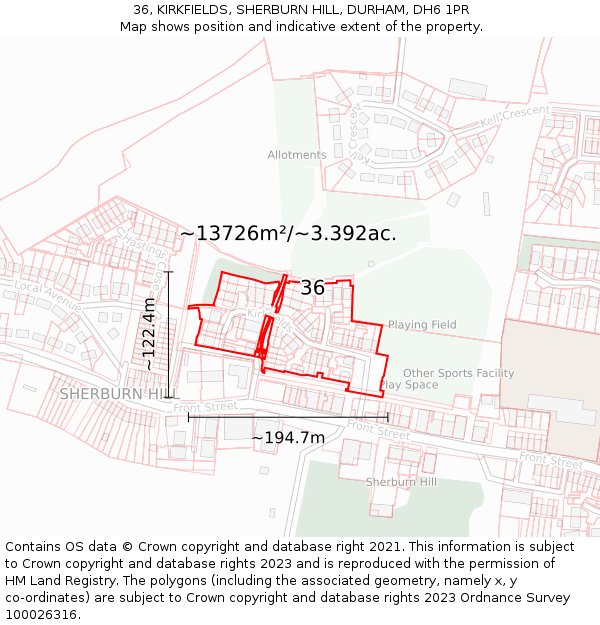 36, KIRKFIELDS, SHERBURN HILL, DURHAM, DH6 1PR: Plot and title map