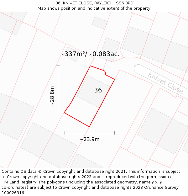36, KNIVET CLOSE, RAYLEIGH, SS6 8PD: Plot and title map