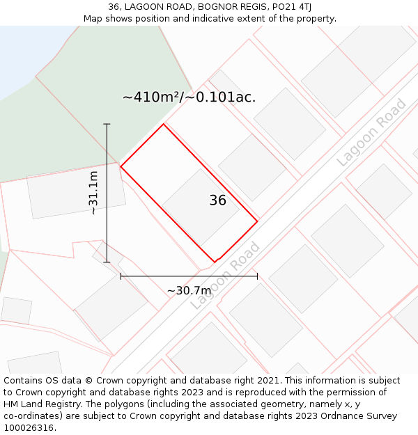 36, LAGOON ROAD, BOGNOR REGIS, PO21 4TJ: Plot and title map