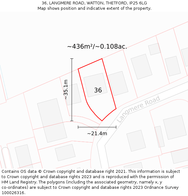 36, LANGMERE ROAD, WATTON, THETFORD, IP25 6LG: Plot and title map