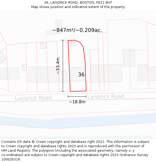 36, LANGRICK ROAD, BOSTON, PE21 8HT: Plot and title map