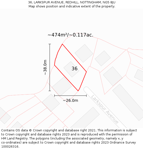 36, LARKSPUR AVENUE, REDHILL, NOTTINGHAM, NG5 8JU: Plot and title map