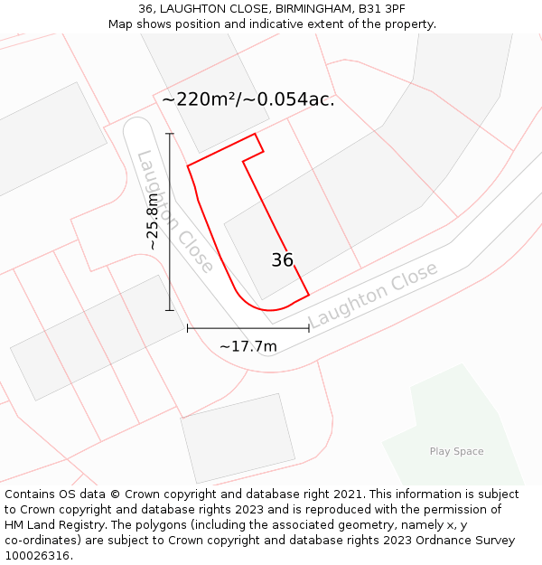 36, LAUGHTON CLOSE, BIRMINGHAM, B31 3PF: Plot and title map