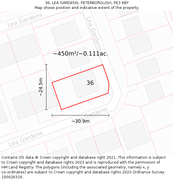 36, LEA GARDENS, PETERBOROUGH, PE3 6BY: Plot and title map