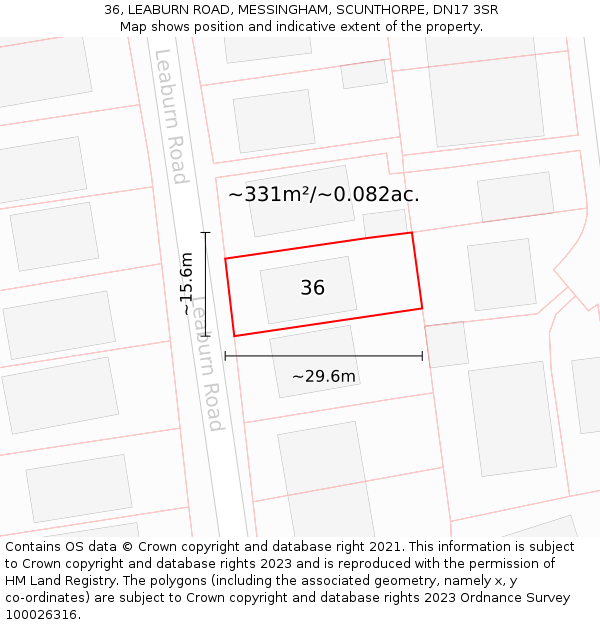36, LEABURN ROAD, MESSINGHAM, SCUNTHORPE, DN17 3SR: Plot and title map