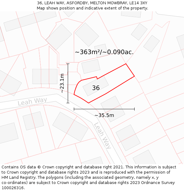 36, LEAH WAY, ASFORDBY, MELTON MOWBRAY, LE14 3XY: Plot and title map