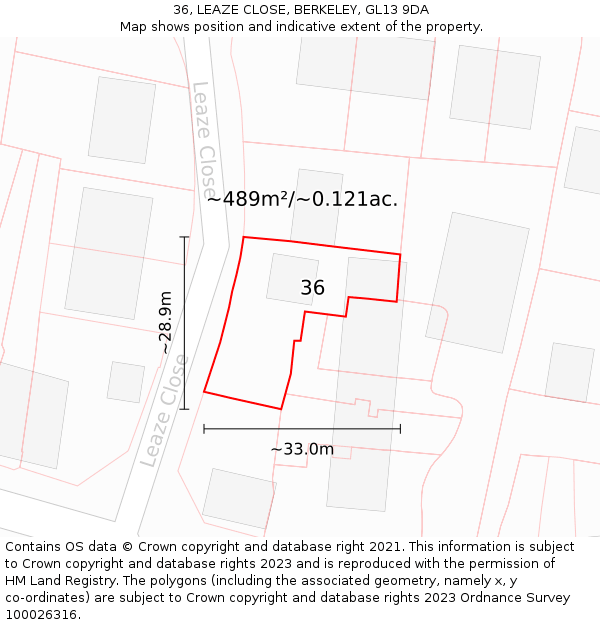 36, LEAZE CLOSE, BERKELEY, GL13 9DA: Plot and title map