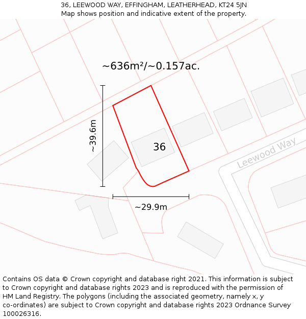 36, LEEWOOD WAY, EFFINGHAM, LEATHERHEAD, KT24 5JN: Plot and title map