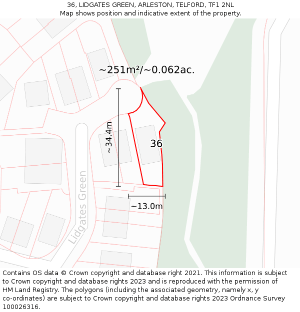 36, LIDGATES GREEN, ARLESTON, TELFORD, TF1 2NL: Plot and title map