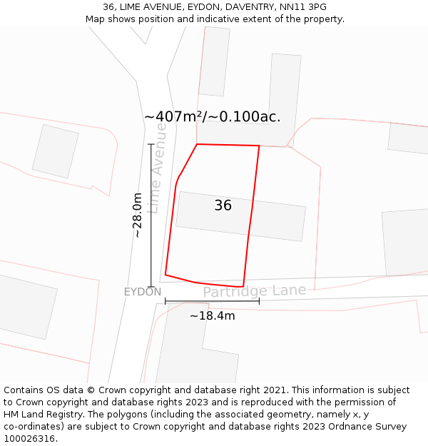 36, LIME AVENUE, EYDON, DAVENTRY, NN11 3PG: Plot and title map