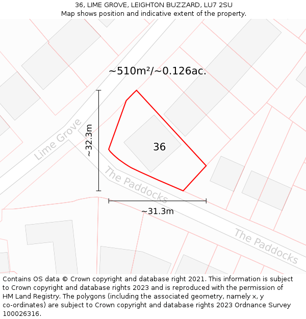 36, LIME GROVE, LEIGHTON BUZZARD, LU7 2SU: Plot and title map