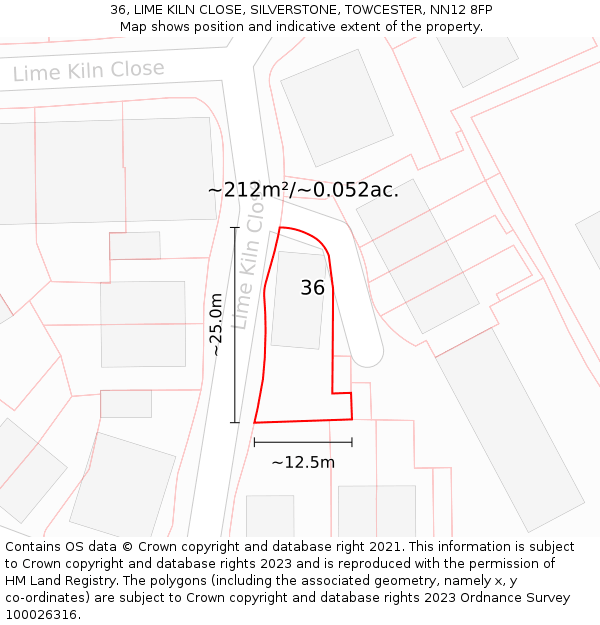 36, LIME KILN CLOSE, SILVERSTONE, TOWCESTER, NN12 8FP: Plot and title map